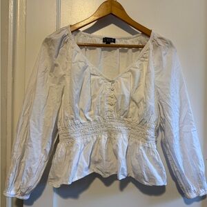 J. Crew White Smocked Peplum Blouse with Long Sleeves
